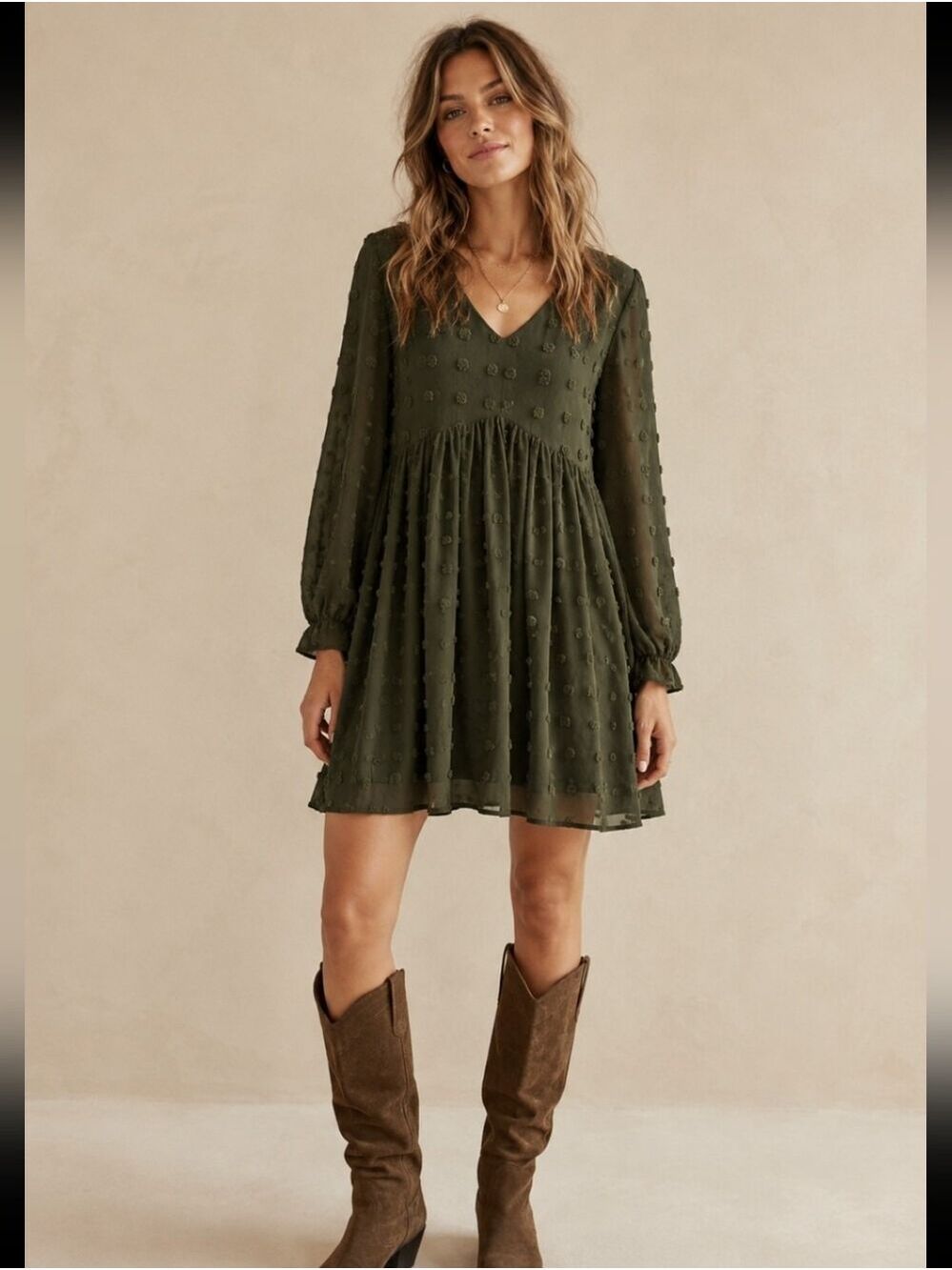 KIRUNDO OLIVE GREEN SWISS DOT LONG SLEEVE BABYDOLL DRESS MEDIUM LIKE NEW